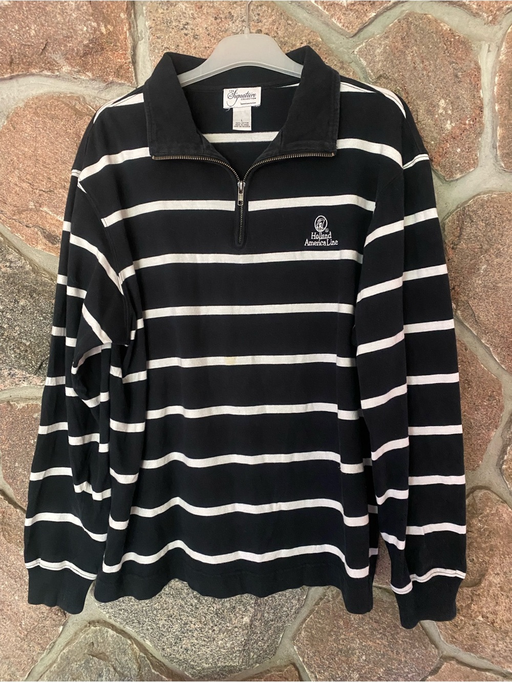 Signature Black & White Striped Half-Zip Polo